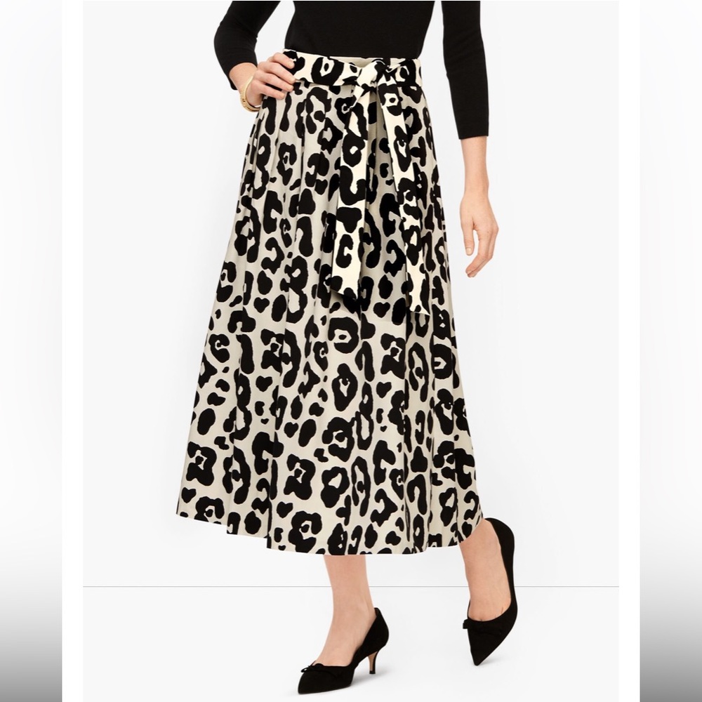 NWT Talbots Pleated Tie Waist Midi Leopard Skirt